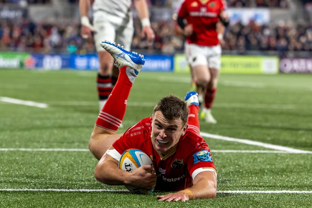Munster's Tom Farrell scores his second try against Ulster. Photograph: Morgan Treacy/Inpho