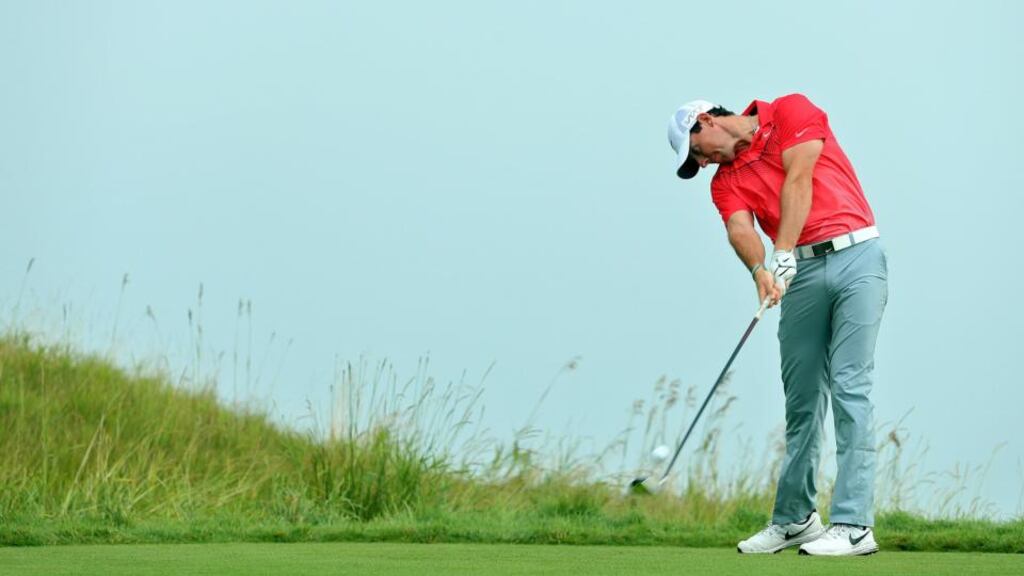 Rory McIlroy drives the ball during a practice round at Whistling Straits on Monday ahead of the USPGA Championships, which begins on Thursday. Photograph: Andrew Redington/Getty Images