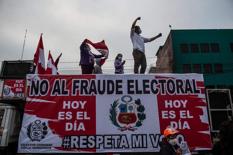 Supporters of the candidate for the Fuerza Popular party, Keiko Fujimori, protest in front of the National Organism of Electoral Processes building in Lima, on June 9th. Photograph: Ernesto BenavideS/AFP via Getty
