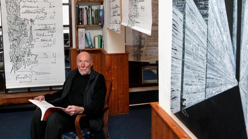 Cartographer: Tim Robinson with parts of his exhibition. Photograph: Joe O’Shaughnessy