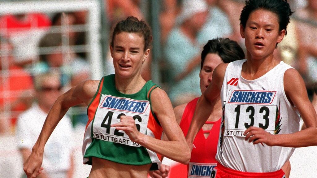 Sonia O’Sullivan on her way to finishing second in the 1500m at the 1993 World Championships in Stuttgart. Photograph: Billy Stickland/Inpho