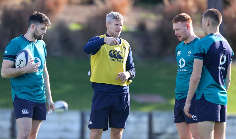Harry Byrne, Ciaran Frawley, Sam Prendergast have all been training in Ireland's Six Nations camp. Photograph: Dan Sheridan/Inpho