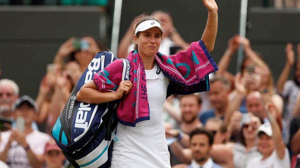 Johanna Konta waves after winning her fourth round match in the women’s singles at Wimbledon. Photo: Reuters