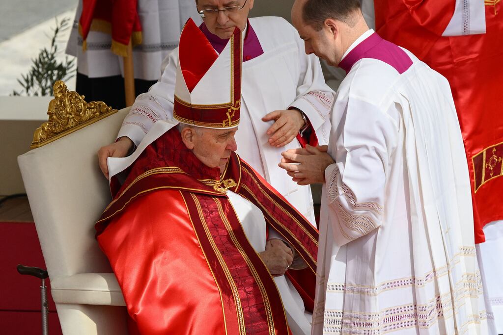 Pope Francis presides over the Palm Sunday Mass at St Peter's Square in the Vatican. Photograph: VINCENZO PINTO/AFP via Getty Images