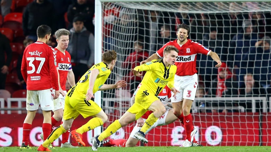 Jake Hesketh celebrates  scoring Burton Albion’s goal in the  Carabao Cup quarter-final against Middlesbrough at Riverside stadium. Photograph: Alex Livesey/Getty Images