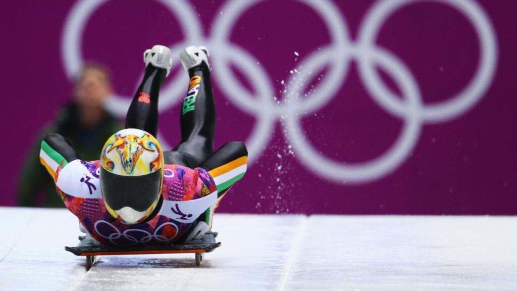 Sean Greenwood starts his run during the Men’s Skeleton heats at Sanki Sliding Centre in Sochi, Russia. Photograph: Al Bello/Getty Images