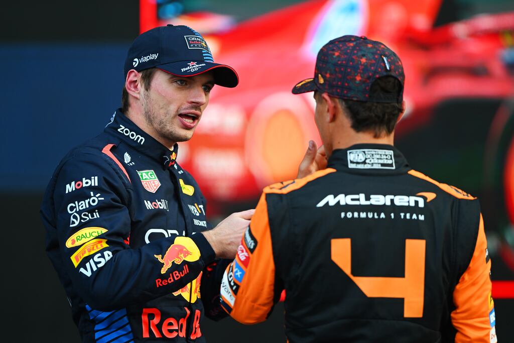 Max Verstappen talking with Lando Norris during qualifying ahead of the F1 Grand Prix of Mexico at Autodromo Hermanos Rodriguez in Mexico City on October 26th, 2024. Photograph: Rudy Carezzevoli/Getty Images