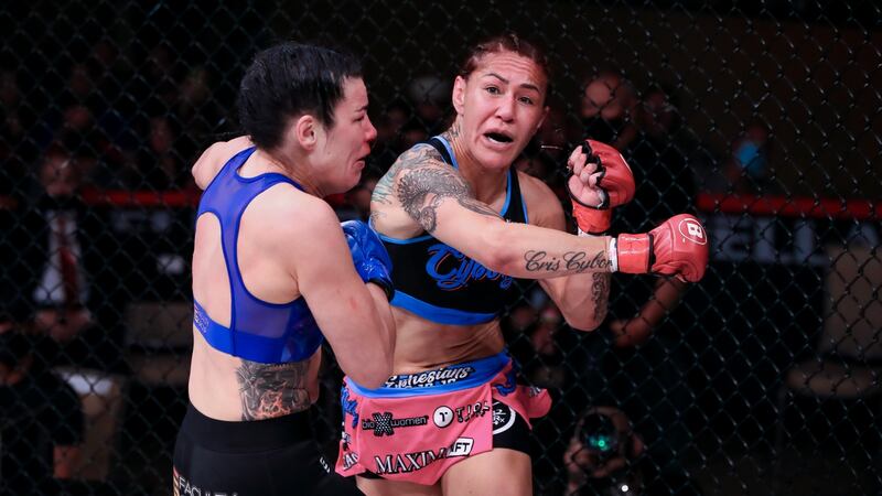 Cris Cyborg lands a punch during her knockout victory over Sinead Kavanagh in the first round of their fight at Bellator 271 in Florida in November 2021. Photograph: Lucas Noonan/INPHO/Bellator/