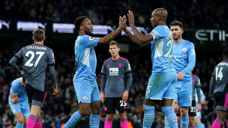 Manchester City’s Raheem Sterling celebrates scoring his team’s sixth goal against Leicester City. Photograph: Martin Rickett/PA