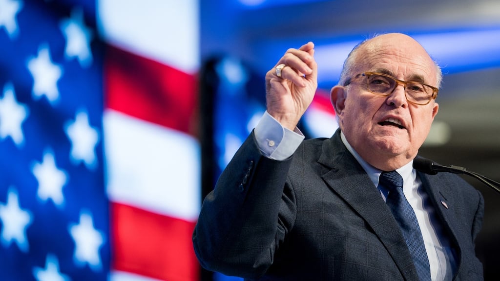 US president Donald Trump’s personal lawyer Rudy Giuliani speaking at the Iran Freedom Convention in Washington in May 2018. Photograph: The New York Times