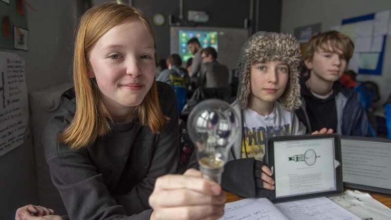 Students Clodagh Brennan, Cael Cheers and Joe Somers working on their project, “enlightning our future”, at Educate Together Secondary School, Griffith College, Wellington Road, Cork. Photograph: Michael Mac Sweeney/Provision
