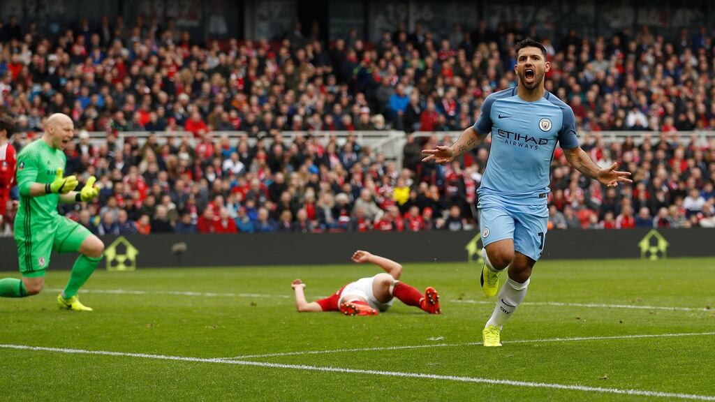 Manchester City’s Sergio Agüero celebrates scoring their second goal in the FA Cup quarter-final against Middlesbrough at The Riverside Stadium. Photograph: Lee Smith/Action Images via Reuters/Livepic