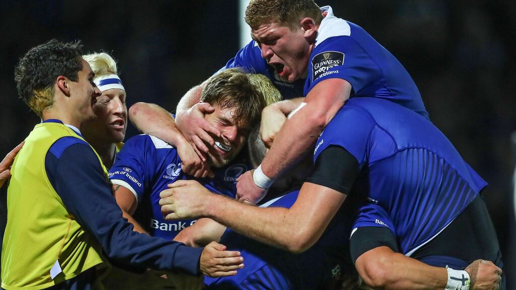 Leinster players celebrate after Josh van der Flier scored a try during Friday’s Guinness Pro12 victory over Ospreys at the RDS. Photograph: James Crosbie/Inpho.