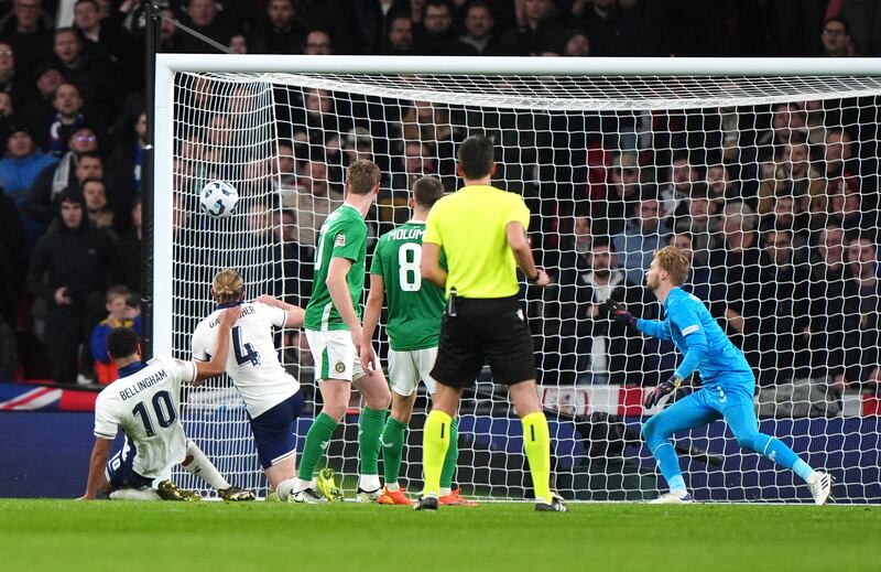 England's Conor Gallagher scores their side's third goal of the game at Wembley Stadium. Photograph: Bradley Collyer/PA Wire