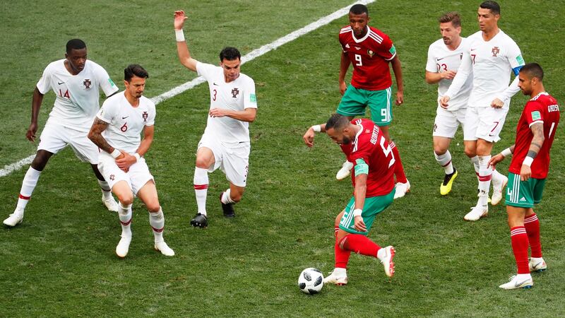 Morocco captain Mehdi Benatia misses a late chance against Portugal. Photograph: Sergei Chirikov/EPA