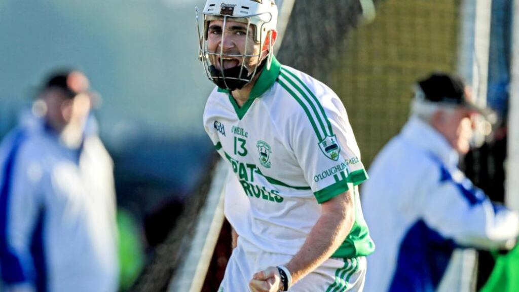 Sammy Johnston of O’Loughlin Gaels celebrates scoring his team’s third goal. Photograph: Donall Farmer/Inpho