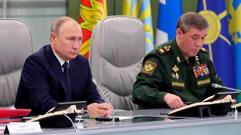 Russian president Vladimir Putin, and Russia Chief of General Staff Valery Gerasimov oversee the test launch of the Avangard hypersonic missile from Moscow on Wednesday. Photograph: Klimentyev, Sputnik, Kremlin Pool/via AP