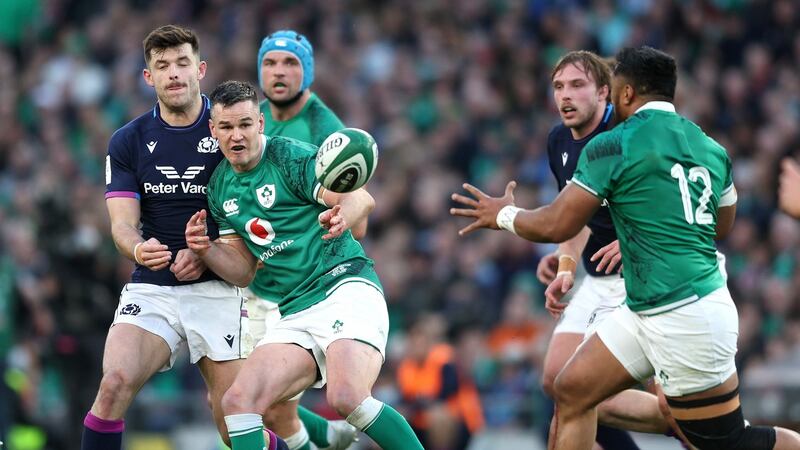 Ireland captain Johnny Sexton releases Bundee Aki in Saturday’s win at the Aviva Stadium. Photograph: Richard Heathcote/Getty Images