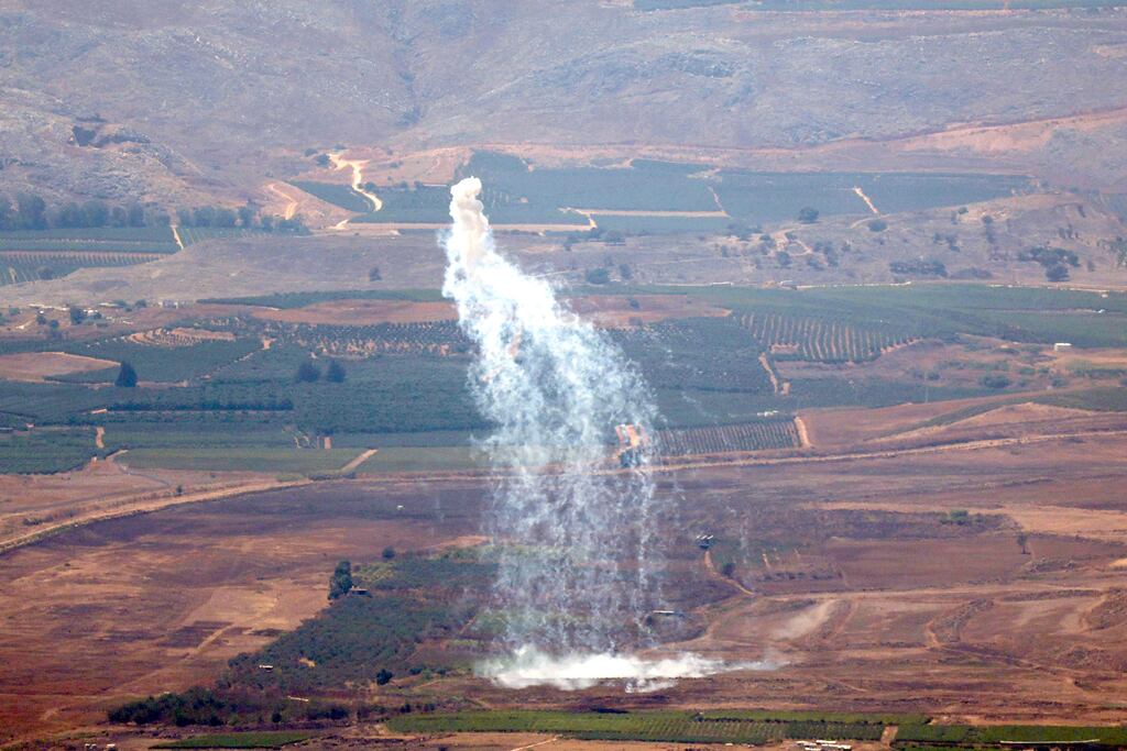 Israeli artillery shells the area of Wazzani in south Lebanon on Monday. Photograph: Atef Safadi/EPA