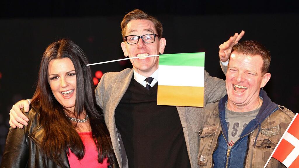 By the skin of his teeth: Late Late Show host Ryan Tubridy with Eurosong hopeful Laura O’Neill and her mentor, Billy McGuinness of Aslan. Photograph: Collins