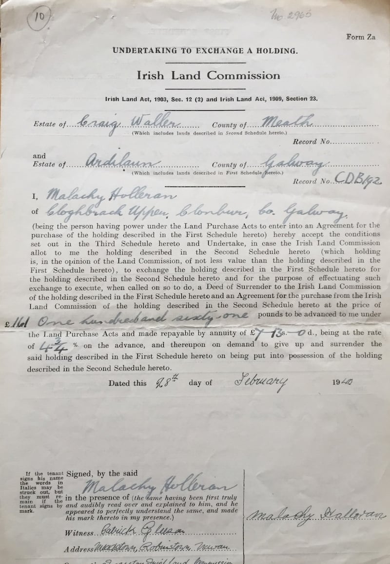 Undertaking to exchange a holding. Record from the Land Commission file on the Craig-Waller estate, photographed by the author with permission of the Records Branch, Department of Agriculture, Food and the Marine.