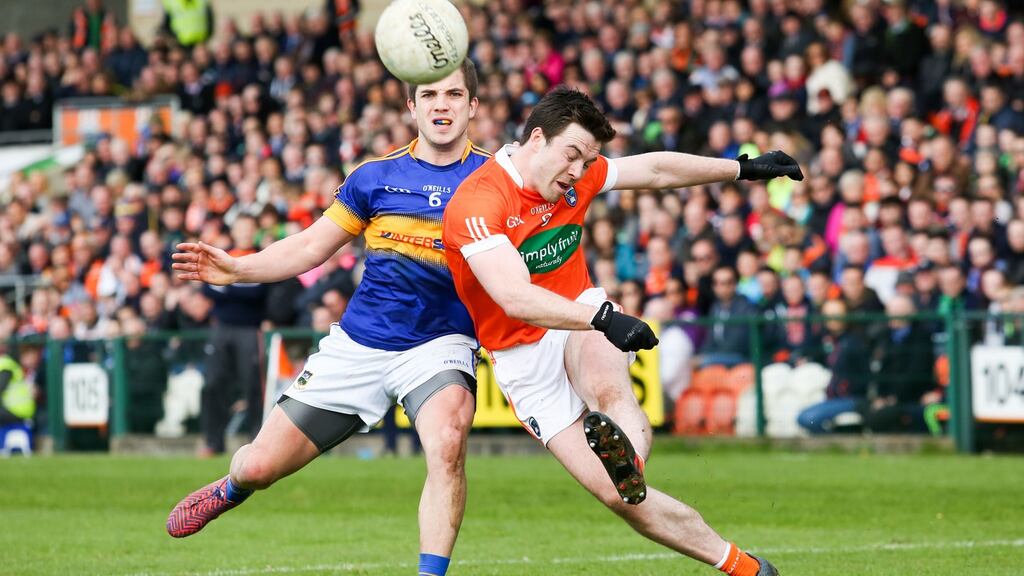 Armagh’s Aidan Forker in action against Tipperary’s Robbie Kiely during the league clash at the Athletic Grounds.   Photograph: Philip Magowan/Presseye/Inpho