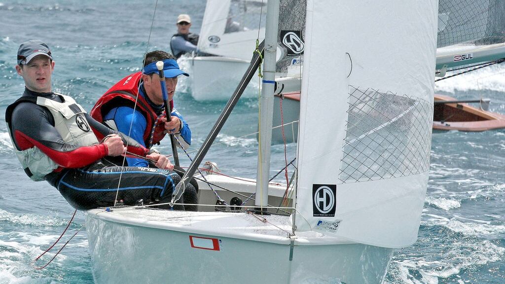 Shane MacCarthy and Andy Davis (left) from Greystones SC won the 2016 GP14 World Championships after a 10-race series in Barbados. Photograph: David O’Brien.