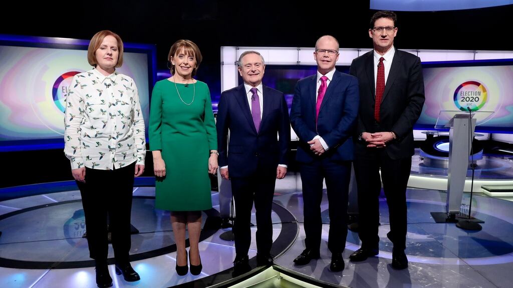 Ruth Coppinger of Solidarity-People Before Profit, Róisín Shortall, co-leader of the Social Democrats, Brendan Howlin, Labour leader, Peadar Tóibín of Aontú and Eamon Ryan of the Green Party at the last of RTÉ’s leaders’ debates. Photograph: Maxwells