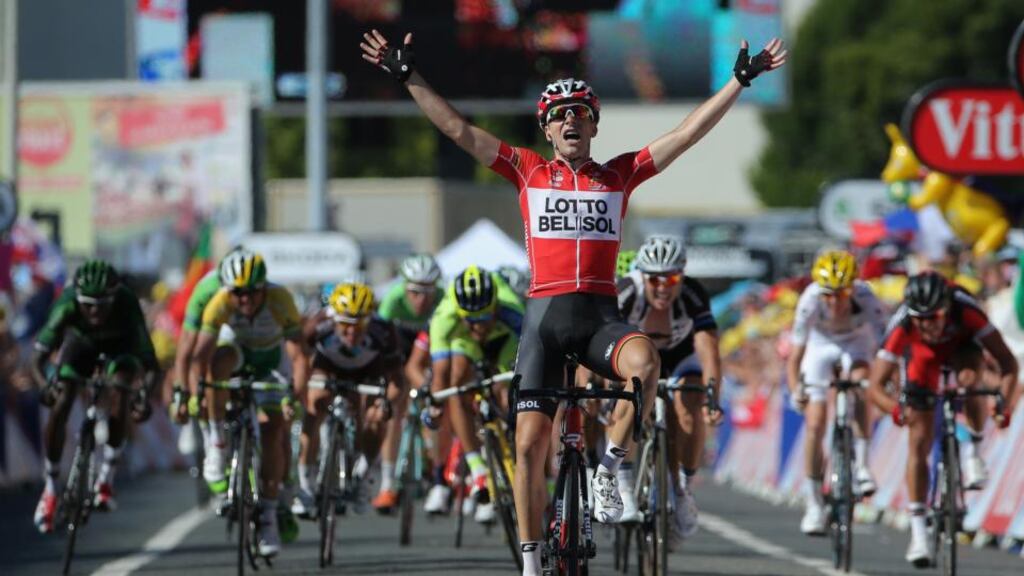 Tony Gallopin of France and Lotto Belisol celebrates as his solo breakaway secures victory in the 11th stage of the Tour de France to Oyonnax yesterday. Photograph: Doug Pensinger/Getty Images.