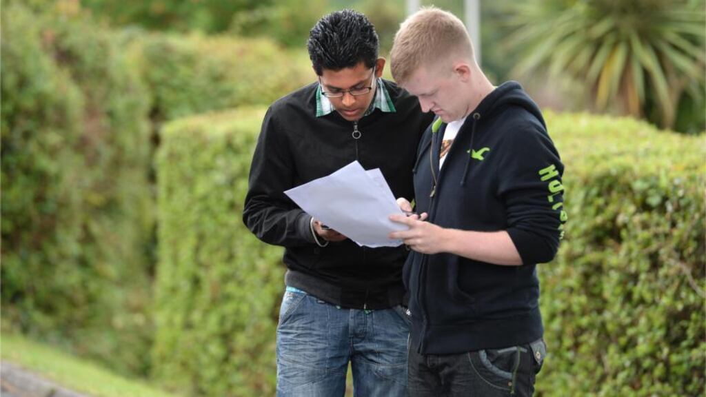Syama Gollapalli and Conor Nolan with their Leaving Cert results at Portmarnock Community School, Portmarnock, Co Dublin.Photographer: Dara Mac Dónaill