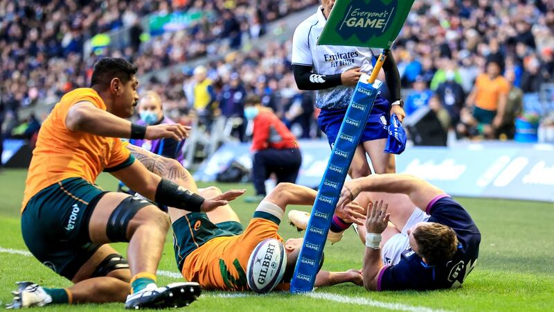 Scotland’s Ewan Ashman scores a try. Photo: Billy Stickland/Inpho