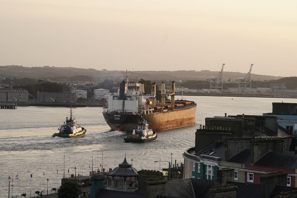A cargo vessel named MV Matthew is escorted into Cobh in Co Cork by the Irish Navy after a 'significant quantity' of suspected drugs were found onboard. Photograph: Niall Carson/PA Wire