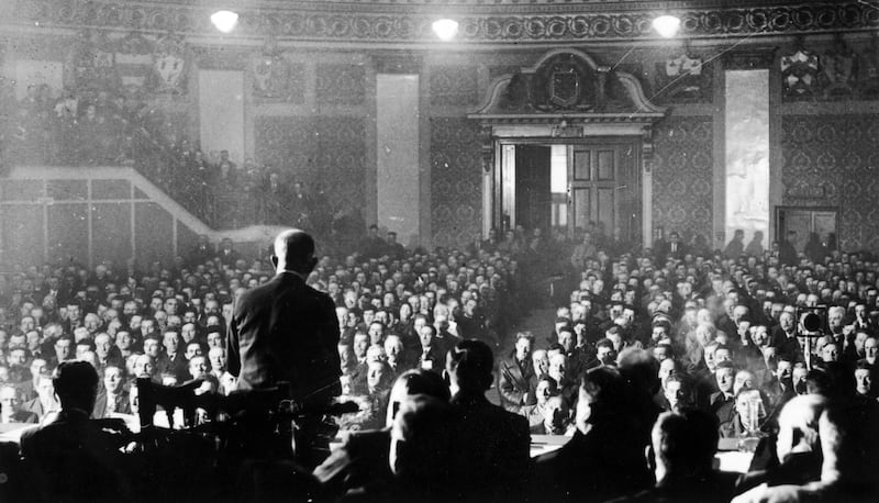 February 1934: Irish fascist politician Eoin O'Duffy, leader of the ACA or Fine Gael, addresses a hall full of people. Photograph: Keystone/Getty Images