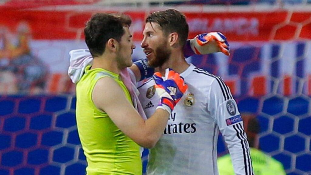 Iker Casillas hugs team mate Sergio Ramos after the Champions League Quarter Final First Leg match between Club Atletico de Madrid and Real Madrid CF at Vicente Calderon Stadium. Photo: Gonzalo Arroyo Moreno/Getty Images