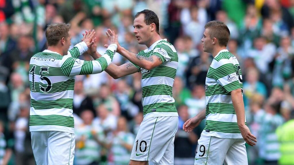 Anthony Stokes of Celtic celebrates scoring his second of the day against Ross County at Celtic Park. Photograph: Mark Runnacles/Getty Images