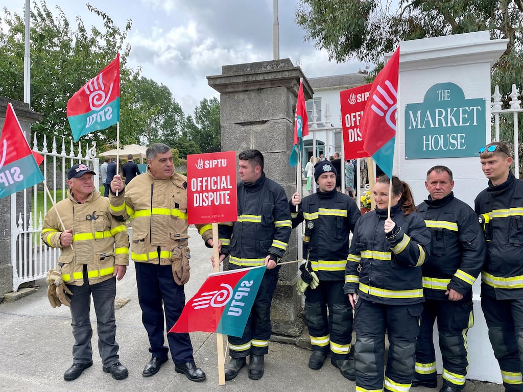 Retained firefighters protesting outside Market House in Dunleer, Co Louth ahead of a visit by Taoiseach Leo Varadkar last week. Photograph: David Young/PA Wire