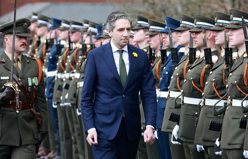 Tánaiste and Minister for Defence Simon Harris inspects the guard at the Defence Forces commissioning ceremony at the Curragh on Friday. Photograph: Colin Keegan/Collins Dublin