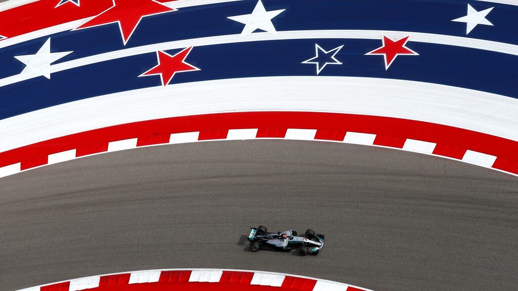 Lewis Hamilton  driving his  Mercedes  during practice for the US Formula One Grand Prix at Circuit of The Americas  in Austin, Texas. Photograph: Clive Rose/Getty Images