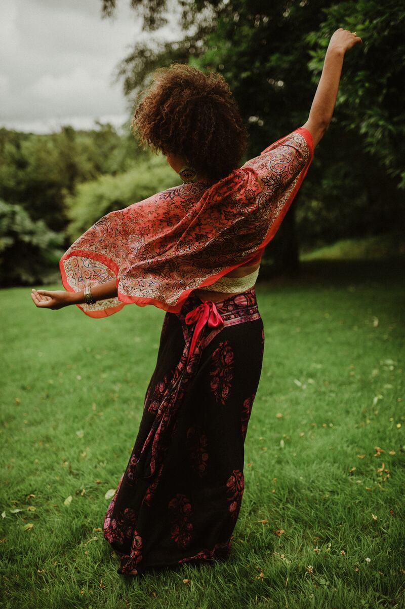 Fuschia flow silk top €196 and blackberry blooms silk skirt €189, earrings and bangle stylist’s own. Photograph: Kate Bean