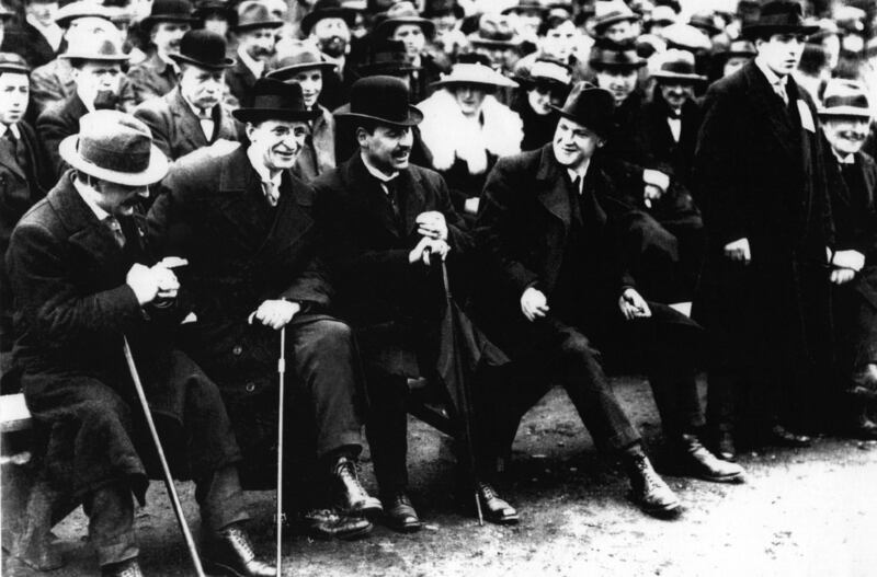 Arthur Griffith, Eamon de Valera, Lord Mayor Laurence O'Neill and Michael Collins at Croke Park for the April 6th 1919 Irish Republican Prisoners Dependants Fund match between Wexford and Tipperary.