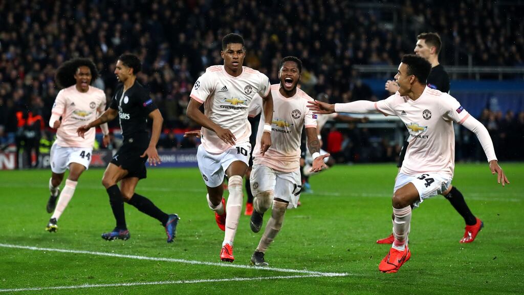 Marcus Rashford celebrates after scoring a penalty to see Manchester United past PSg in the Champions League last year. The Champions League will now be available to Eir Sport customers via Virgin Media Sport. Photo: Getty Images