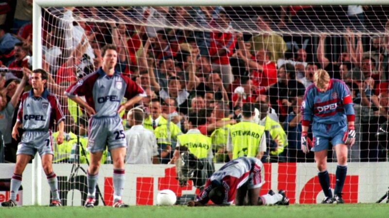Mehmet Scholl, Thomas Linke, Samuel Kuffour and Oliver Kahn react to manchester United’s late winner in BArcelona. Photograph: Alexander Hassenstein/Bongarts/Getty