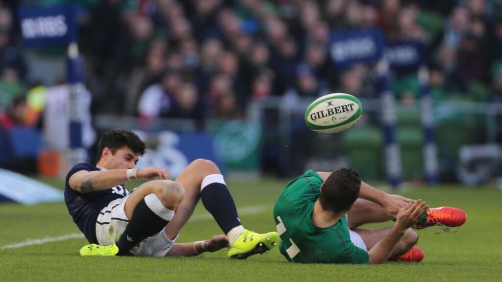 Sean Maitland falls badly on his ankle during at the Aviva Stadium last weekend. Photograph: Niall Carson/PA Wire.