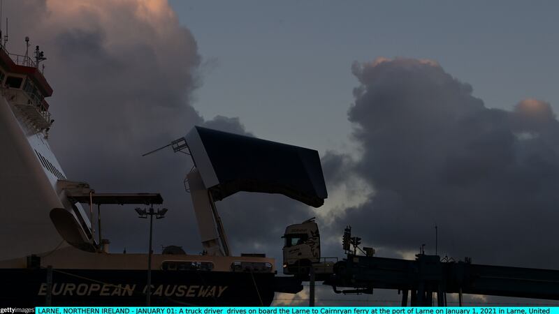 A truck driver drives on board the Larne to Cairnryan ferry at the port of Larne on January 1st, 2021 – first day of the UK’s future outside the European Union. Larne harbour is one of three point of entry locations situated in Northern Ireland along with Belfast and Warrenpoint. Photograph: Charles McQuillan/Getty Images