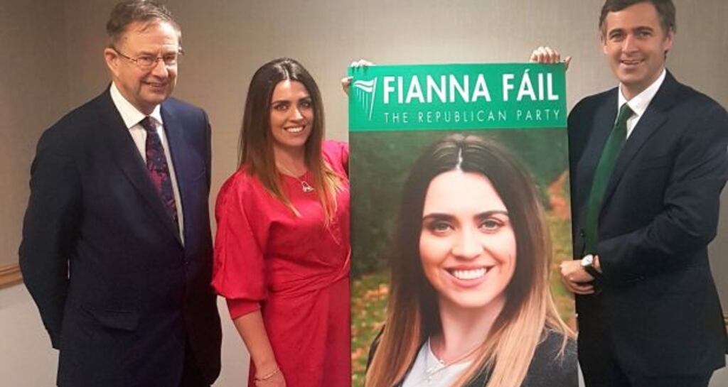 Eamon O’Cuiv TD and Senator Mark Daly with Sorcha McAnespy, who said she would run as a Fianna Fail candidate in next year’s local council elections. Photograph: Fianna Fáil/PA Wire