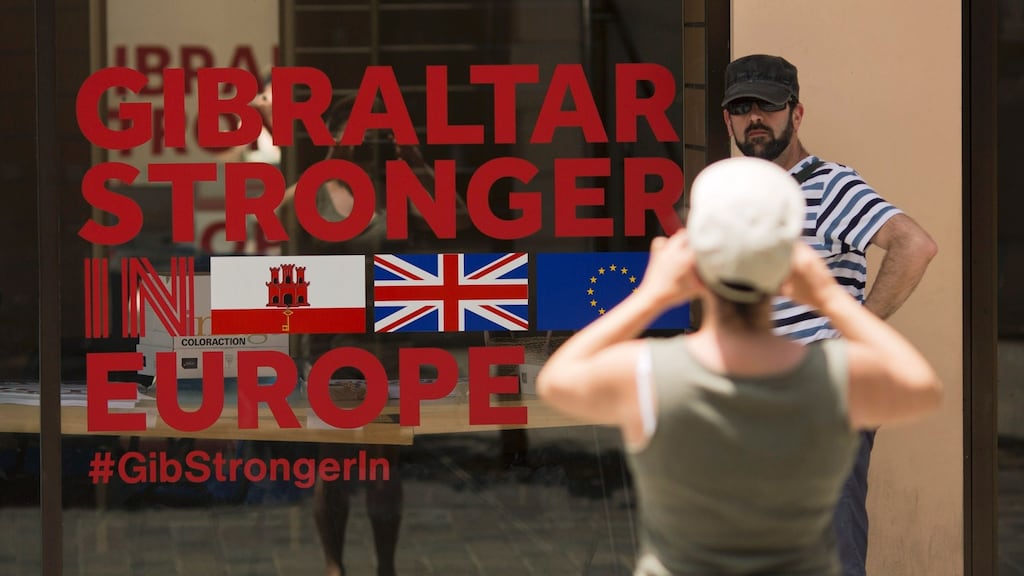 A man poses in front of a Remain campaign office in Gibraltar after Britain voted to exit the EU. Photograph: Sergio Camacho/AFP/Getty Images