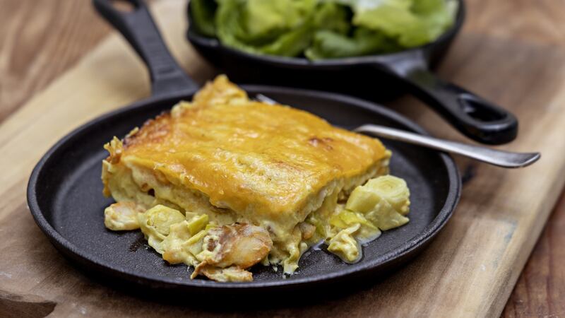 Leek and smoked haddock lasagne with curry spices. Photographs: Harry Weir
