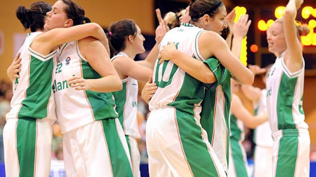 Ireland’s players celebrate after defeating the Netherlands in a European qualifier at the National Basketball Arena in Tallaght in August 2009