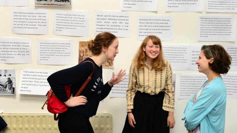 From left; Aoife Braken, Celbridge, Juno Claffey-Heggarty, Rathmines and Juno Kostick, Phibsborough, taking part in ‘School for Revolutionary Girls’, part of the ‘A Fair Land’ event which takes place at the Irish Museum of Modern Art (IMMA) Royal Hospital Kilmainham. Photograph: Dara Mac Dónaill