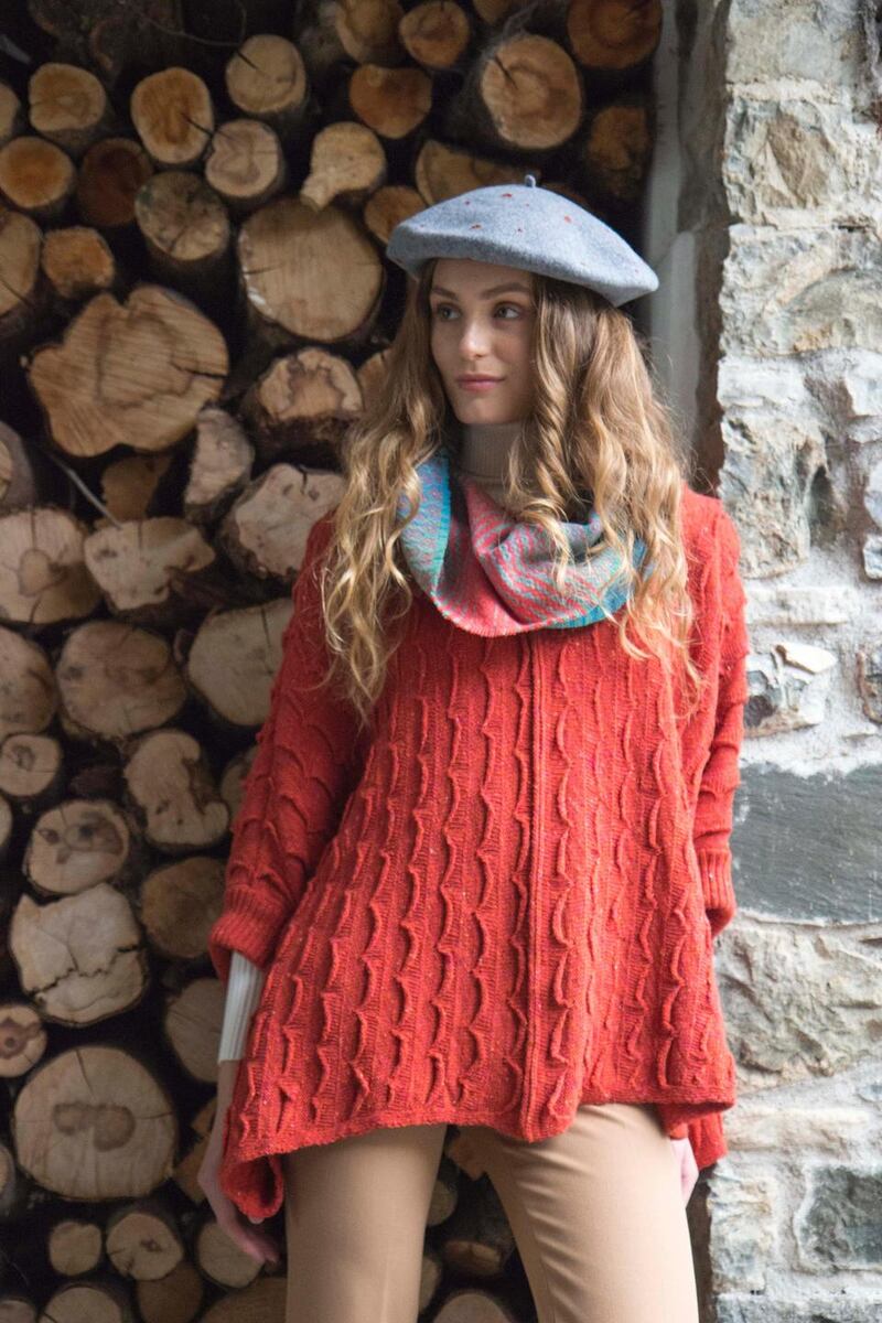 Wave sweater €140 by Aine, lambswool cowl €98 by Wild Cocoon and beret €49.95. All at House of Ireland, 114 Grafton Street.